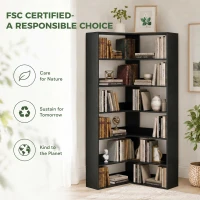 HOMCOM 7 Tiers Bookshelf, L-Shaped Corner Bookcase with Anti-Slip Rear Guard, Black Wood Effect(m-8)
