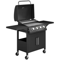 Outsunny 4 Burner Gas BBQ Grill Outdoor 11.6 kW Portable Barbecue Trolley w/ Warming Rack, Side Shelves, Cabinet(m-1)