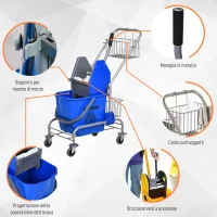 HOMCOM Carrello delle Pulizie Professionale con Secchio da 26L per Mocio, Strizzatore e Cestini a Rete, Blu(m-6)