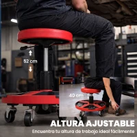 HOMCOM Taburete de Taller Móvil con Bandeja Altura Ajustable de 40-52 cm Carga 135 kg con Ruedas para Garaje Rojo(m-4)