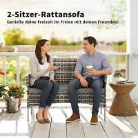 Outsunny 2-zits Rattan Tuinbank PE-Rattan Outdoor Terrasbank met Kussen, Anti-slip Matten, Stalen Frame, Lichtgrijs(m-4)