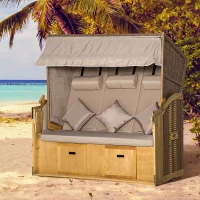 Outsunny strandstoel 3-zits ligbed met dak 2 klaptafels voetenbank chaise longue 5-traps rugleuning XXL polyrotan naturel 150 x 79 x 160 cm(m-2)
