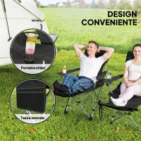 Outsunny Set 2 Sedie da Campeggio Pieghevoli con Poggiapiedi Staccabile e Portabicchieri, 82x50/100x88 cm, Nero(m-5)