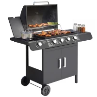 Outsunny Barbacoa de Gas con 4+1 Quemadores 14,4 KW Mesas Laterales Armario de Almacenaje Termómetro y 2 Ruedas Acero Inoxidable BBQ 125x51x100 cm Negro(m-1)