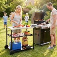 Outsunny Outdoor Grill Cart with Stainless Steel Tabletop for Kitchen Prep, Two-Tier Pizza Oven Stand on Wheels, Black(m-10)