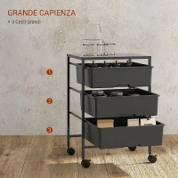 HOMCOM Carrello Multiuso con 3 Cestini Estraibili e Ruote per Cucina e Ufficio in Acciaio e PP, Nero(m-4)