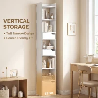 HOMCOM Bookcase Tall Narrow with 5 Tiers and Drawers Freestanding Bookshelf Storage Cabinet for Living Room White Wood Effect(m-4)