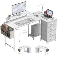 HOMCOM L Shaped Gaming Desk Reversible Power Outlets Corner Desk Storage Drawers Monitor Shelf 150 cm White(m-13)