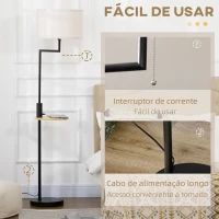 HOMCOM Candeeiro de Pé com Mesa Auxiliar Lâmpada E27 Máx. 40W Ecrã de Linho Interruptor de Corrente e Carregador USB Ø40x168cm Preto e Madeira(m-7)