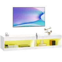 HOMCOM TV-kast, Hangend TV-lowboard met RGB LED-verlichting in 16 kleuren, TV-staander met open opbergruimte, voor 55-60 inch tv's, voor woonkamer, slaapkamer, 140 x 40 x 30 cm, Hoogglans wit(m-11)
