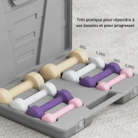 HOMCOM Ensemble d'haltères total 10 Kg - paires de 0,5/1/1,5/2 Kg avec mallette - entraînement musculaire - métal PU multicolore(m-7)