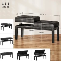 HOMCOM Pianobank, Verstelbare Dubbele Zitplaats, Opbergruimte, Kunstleer, Zwart(m-3)
