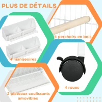 PawHut Volière intérieure cage à oiseaux sur roulettes design maison mangeoires perchoirs portes plateaux excréments amovibles(m-4)