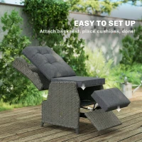 Outsunny Rattan Garden Recliner Chair, Reclining Garden Chair with Adjustable Back and Footrest, Flip Table, Cushion, Dark Grey(m-9)