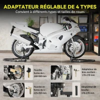 HOMCOM Béquille roue avant arrière charge 390 kg béquille d'atelier moto bras réglable en acier, fourche en forme de U + L noir(m-5)