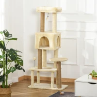 PawHut Albero Tiragraffi per Gatti Alto 136 cm con Cuccia Rimovibile, Casetta e Lettino, Pali in Iuta, Beige(m-10)