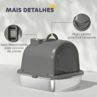 PawHut Caixa de Areia para Gatos em Aço Inoxidável com Tampa, Saco Desodorizante e Pá, Fácil de Limpar, 52,4x41,3x39,9 cm, Cinzento Escuro(m-7)