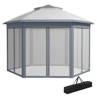 Outsunny Tenda Dobrável 4x3,4 m Tenda de Jardim Hexagonal com Duplo Tecto 6 Mosquiteiras Destacáveis e Saco de Transporte Cinzento(m-11)
