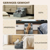 PawHut Faltbare Haustiertreppe, 3 Stufen, waschbarer Plüschbezug, Spanplatte, 46 x 35 x 35 cm, Hellgrau(m-7)
