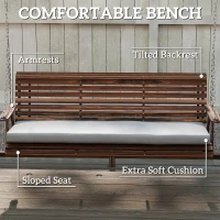 Outsunny 3 Seater Garden Swing Seat, Wooden Swing Chair Bench with Cushion, Side Trays and Metal Chains, for Outdoor Porch Patio, Carbonised Brown(m-5)