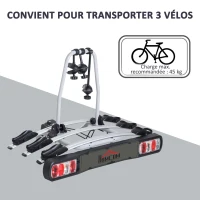 HOMCOM Porte-vélos d'attelage 3 vélos -Porte-vélos sur Boule d'attelage Broches 3 vélos - Sangles de sécurité, Bloque-Cadres intégrés - Espace Plaque immatriculation - alu. Noir(m-4)