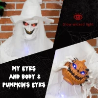Outsunny 74 Inch Halloween Decorations White Witch Holding Pumpkin Head, Standing Skeleton Ghost Prop Life Size with Light Up Eyes and Body(m-4)