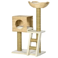 PawHut Krabpaal met Kattenhuis, Sisal Krabpalen, Wasbare Kussens, 100,5H x 57L x 37B cm, Wit/Natuur(m-13)