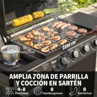 Outsunny Barbacoa de Gas con 4+1 Quemadores 14,4 KW Mesas Laterales Armario de Almacenaje Termómetro y 2 Ruedas Acero Inoxidable BBQ 125x51x100 cm Negro(m-4)