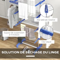 HOMCOM Séchoir à Linge étendoir pliable ailes latérales utilisation intérieure et extérieure 142 x 55 x 172 cm 4 niveaux bleu(m-5)