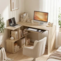 HOMCOM Bureau d'Angle, 120 x 100 x 76 cm, Bureau Informatique en L avec Plateau de Clavier, 4 Compartiments Ouverts, Naturel(m-13)