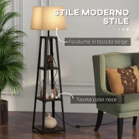 HOMCOM Lampada da Terra in Metallo e MDF a 3 Ripiani con Paralume in Tessuto, Ø42x166 cm, Nero e Beige(m-4)