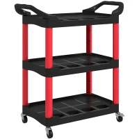 HOMCOM Carrello Porta Attrezzi a 3 Livelli in Plastica con Maniglie e Ruote, Capacità 91 kg, 83x43x97 cm, Rosso(m-1)