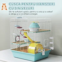 PawHut Cușcă pentru Hamsteri pe 3 Niveluri și 12 Tuburi cu Căsuță, Rampă, Boluri, Rezervor de Apă și Tavă Antipicurare, Cușcă pentru Hamsteri din Metal și Plastic, 34.5x27.5x41 cm, Albastru(m-4)