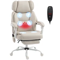 HOMCOM Hochlehner-Bürostuhl mit Vibrationsmassage und Heizung, ergonomisch, neigbar, mit Fußstütze, Cremeweiß(m-12)