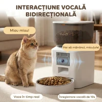 PawHut Distribuitor Automat de Hrană pentru Pisici și Câini 4L, WiFi 2,4G, Control din Aplicație cu Cameră, Bol, Alb(m-7)