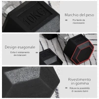 HOMCOM Set 2 Manubri Esagonali da 10kg in Metallo e Gomma per Workout in Palestra, Casa e Ufficio, Nero(m-4)