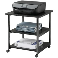 HOMCOM Carrello Porta Stampante a 3 Ripiani con 4 Ruote, Legno e Acciaio, 50x50x52.5cm, Nero(m-8)