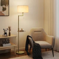 HOMCOM Lámpara de Pie Moderna con Estante Pantalla de Lino Interruptor de Cadena y Puerto USB Ø40x170 cm para Salón Dorado(m-10)