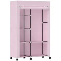 HOMCOM Armario de Tela con Ruedas Ropero Portátil con 6 Estantes y 1 Barra de Colgar para Dormitorio 103x43x162,5cm Rosa(m-1)