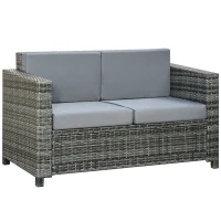 Outsunny Poly-rotan bank met kussens 2-zits loungebank tuin metaal polyester grijs(m-1)