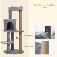 PawHut Árvore Arranhador para Gatos com Plataforma Caverna Postes de Sisal e Bola Suspensa 48x48x104 cm Cinza(m-6)