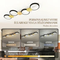 HOMCOM Plafonnier LED 38W, luminaire plafonnier 4 lumières à montage affleurant, télécommande, 100 x 31 x 7 cm, doré et noir(m-5)