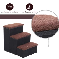 PawHut Escalier pour chien animaux pliable rampe 3 marches polaire amovible coffre interne rangement dim. 51L x 40l x 50H cm MDF polaire marron noir(m-4)