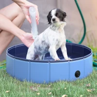 PawHut Hundebadewanne faltbar Hundepool Schwimmbecken Swimmingpool Plantschbecken Badewanne für Hunde & Katzen Wasserbecken aus Kunststoff, Holz Ø80 x H20 cm Blau(m-2)