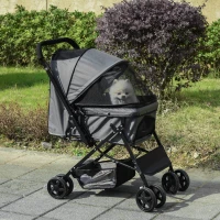 PawHut Carrinho para Animais de Estimação Dobrável Carro para Cães e Gatos com Capô Ajustável Cesta de Armazenamento Cinto de Segurança Tecido Oxford 600D Aço 76,5x52x95cm Cinza(m-10)