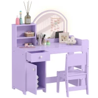 AIYAPLAY Kids Vanity Table and Chair Set, Girls Dressing Table with 2-Colour LED Mirror, Stool, Cabinet, Drawer, Shelves, Purple(m-14)