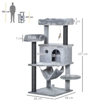 PawHut Albero Tiragraffi per Gatti con Palo, Casetta, Letto, Amaca e 2 Giochi in Legno e Peluche, 48x48x107 cm, Grigio(m-3)