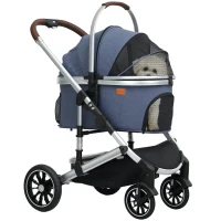 PawHut 3 in 1 Opvouwbare Hondenbuggy voor Katten tot 10 kg, met Kussen en Bekerhouder, Donkerblauw(m-11)