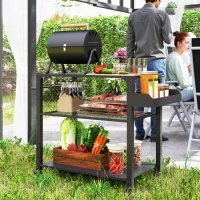 Outsunny Outdoor Keukeneiland, Grillwagen met Opbergrek, Handvat, 4 Wielen, Keukentrolley, Tuin, Terras, Metaal, Zwart(m-2)