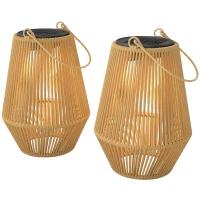 Outsunny Set di 2 Lampade Solari in Rattan,con Accensione/Spegnimento Automatico, IP44, 16x16x21 cm, Marrone(m-11)